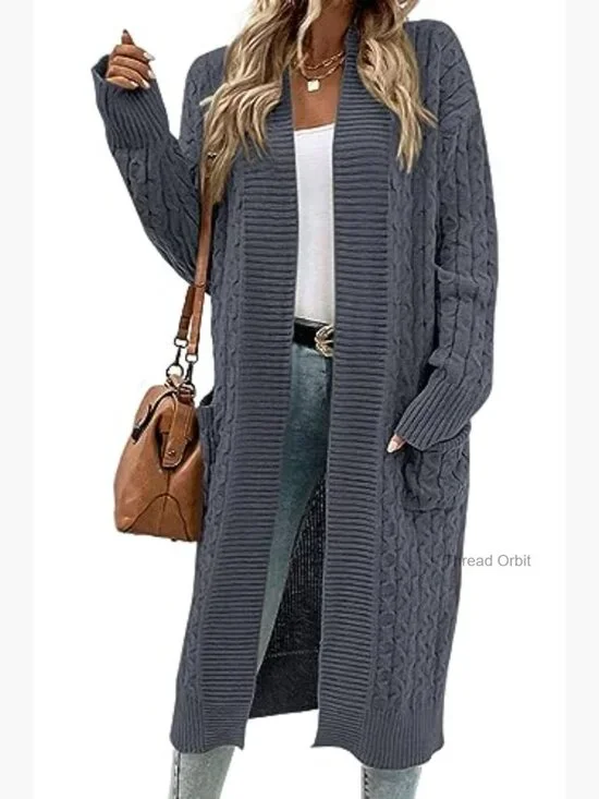 Long Cable Knit Cardigan Sweater with Pockets Open Front Loose Fit - Picture 3 of 7